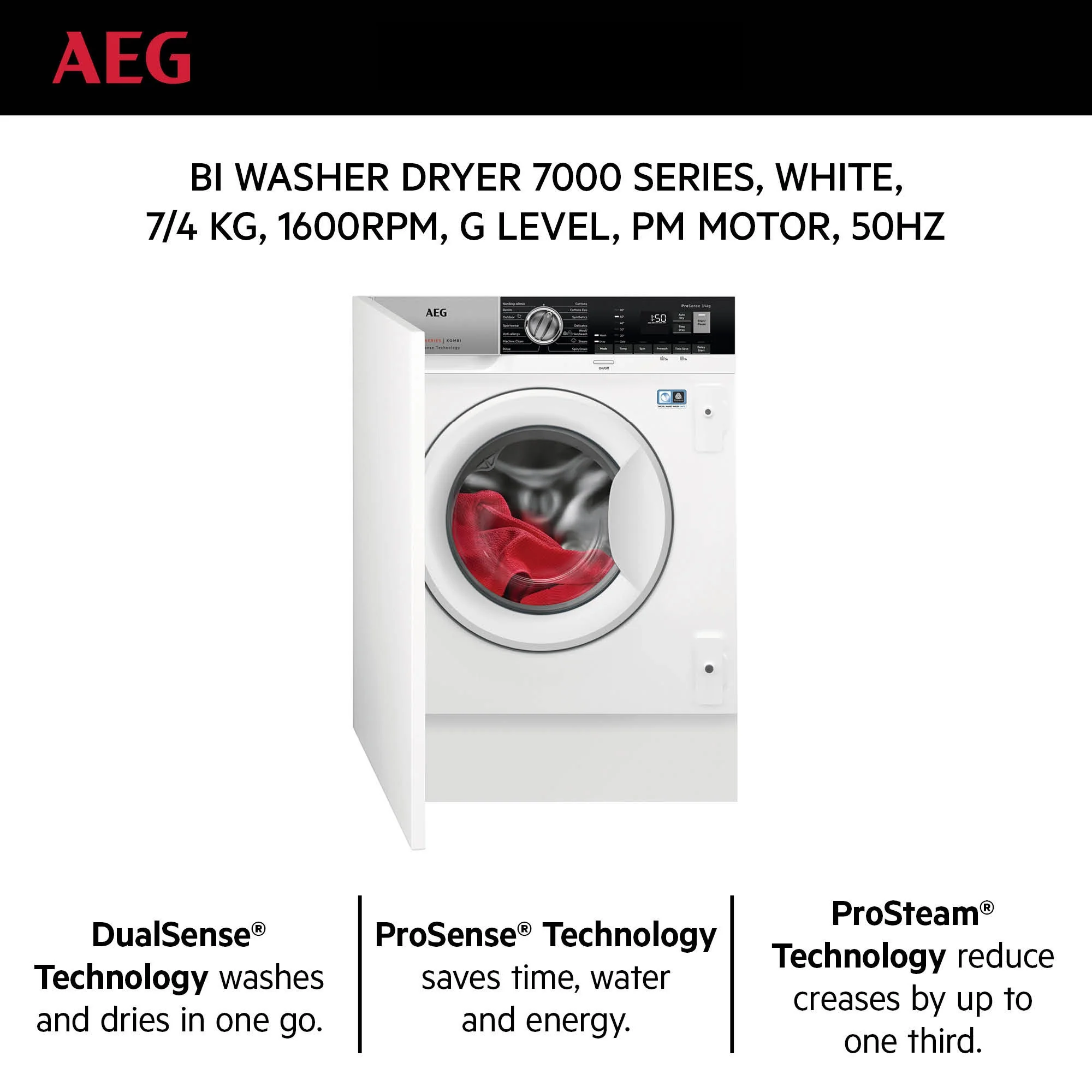 AEG Built-in Front Load Washer Dryer 7kg/4kg, 1200 RPM, Made in Italy, Prosense technology, Stain Removal, Eco Wash, White, LWX7G7634FB - Image 3