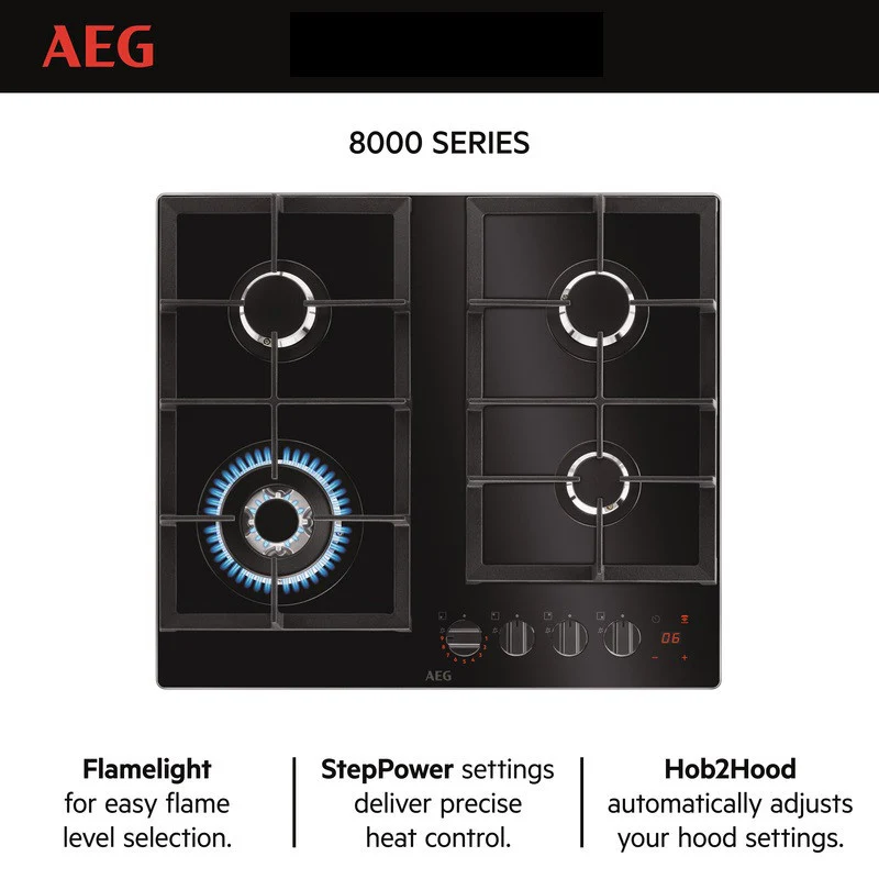 AEG Built-in Gas Hob 60cm, 4 Burner, Glass Finish, Black, HKB64450NB - Image 3