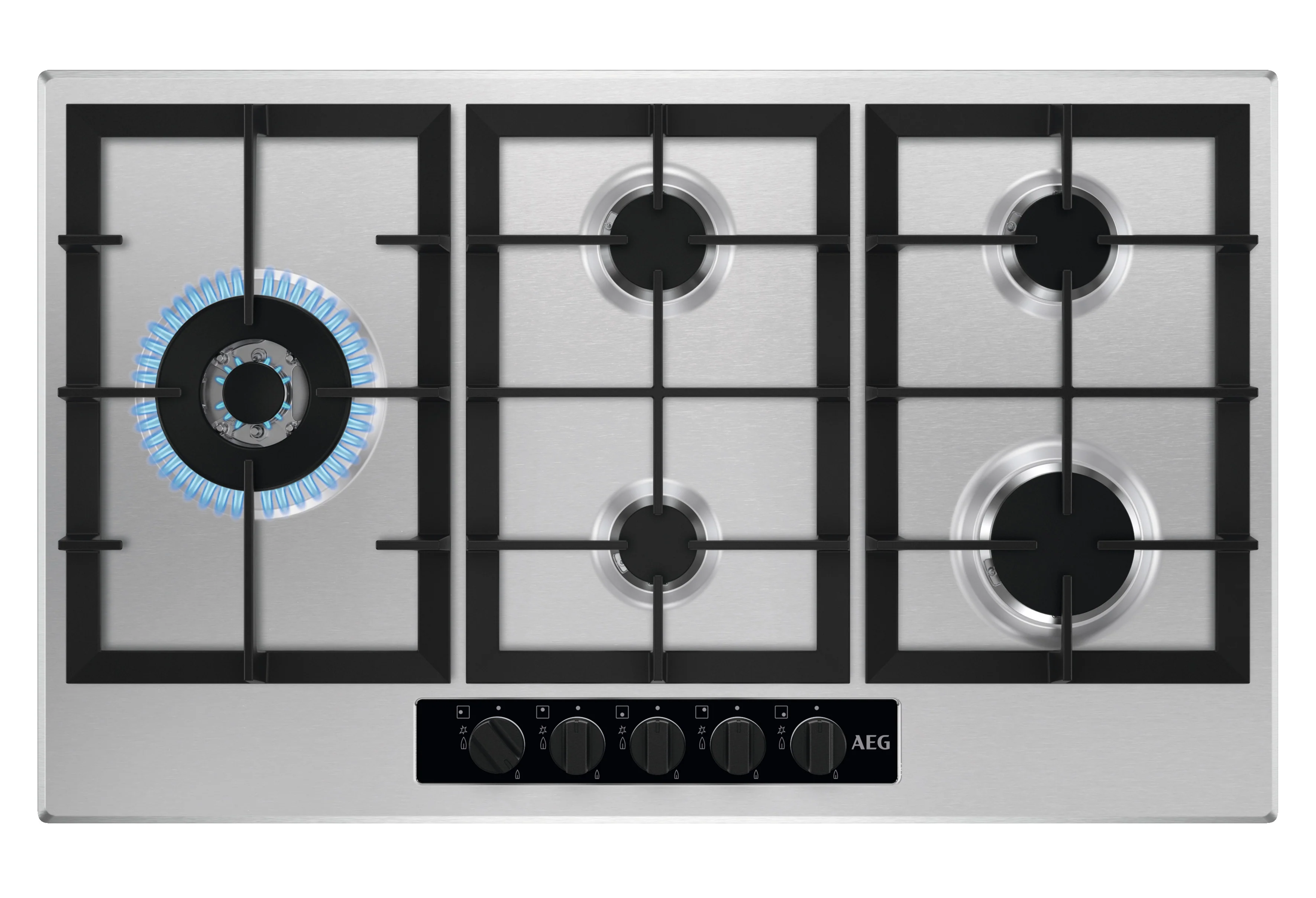 AEG Built-in Gas Hob 90cm, 5 Burner, Stainless Steel, Black, HGB95520YM
