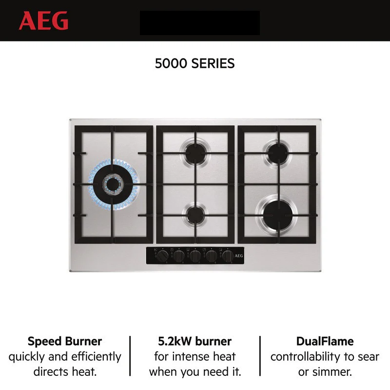 AEG Built-in Gas Hob 90cm, 5 Burner, Stainless Steel, Black, HGB95520YM - Image 2