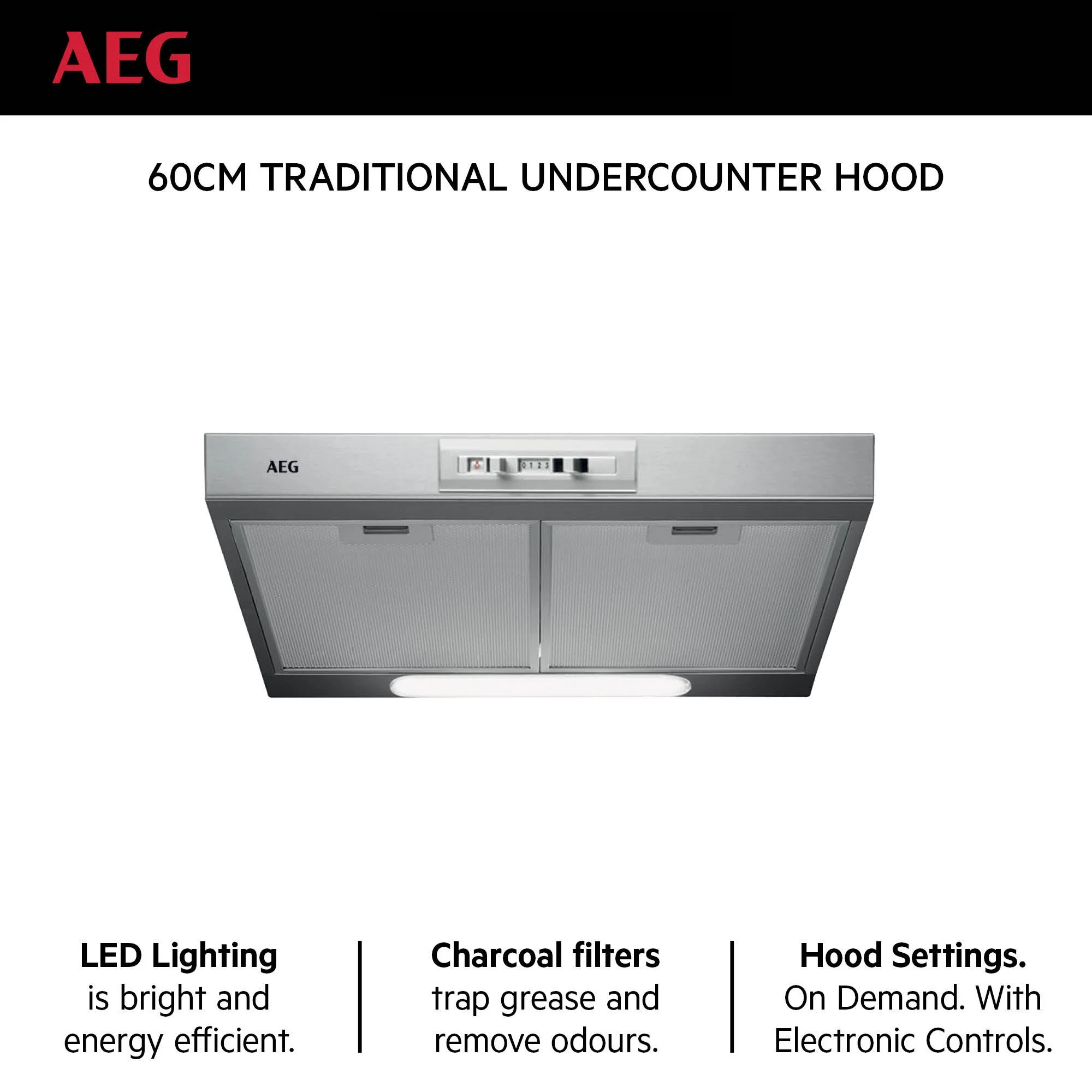 AEG Built-in Hood 60cm, LED lighting, Hood setting, Charcoal filter, Silver, DUB2630M - Image 2