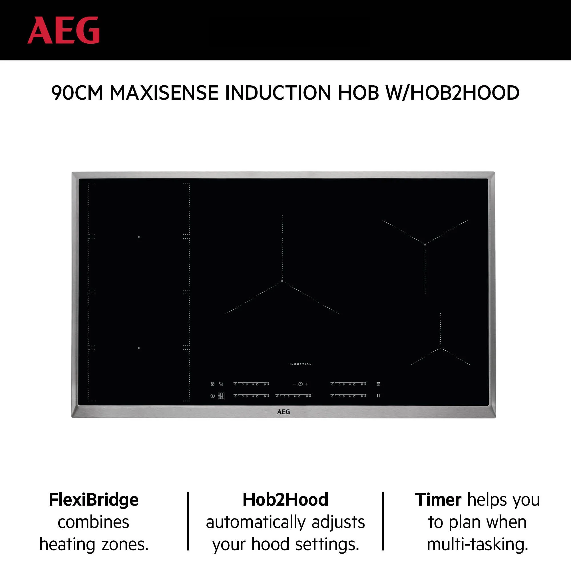 AEG Built-in Induction Hob 90cm, Maxi Sense Hob2Hood, Flexibridge, Multitasking Timer, Black, IKE95474XB - Image 2