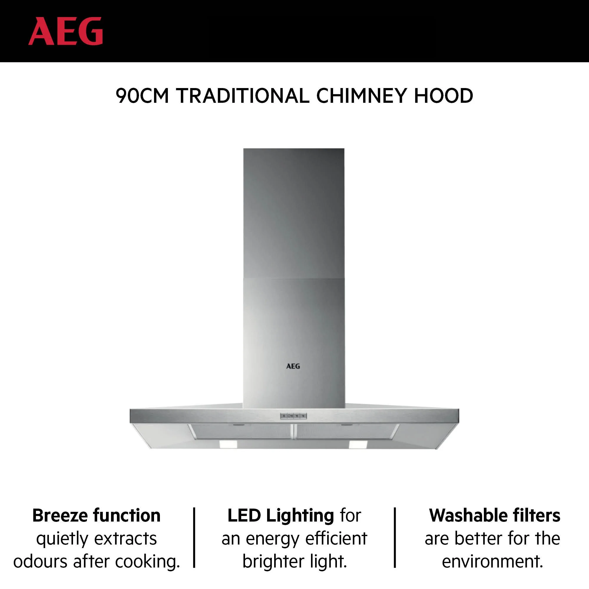 AEG Built-in Traditional Chimney Hood 90cm, Breeze Function, LED lighting, Washable filters, Silver, DKB4950M - Image 3