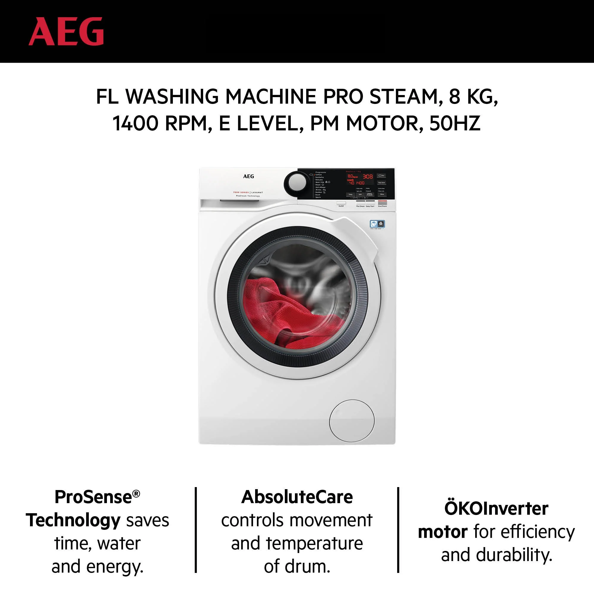 AEG Standalone Frontload Washer 8 Kg, Free standing, Prosense technology, Pro Steam, Eco Wash, White, LFX7G7224FB - Image 3