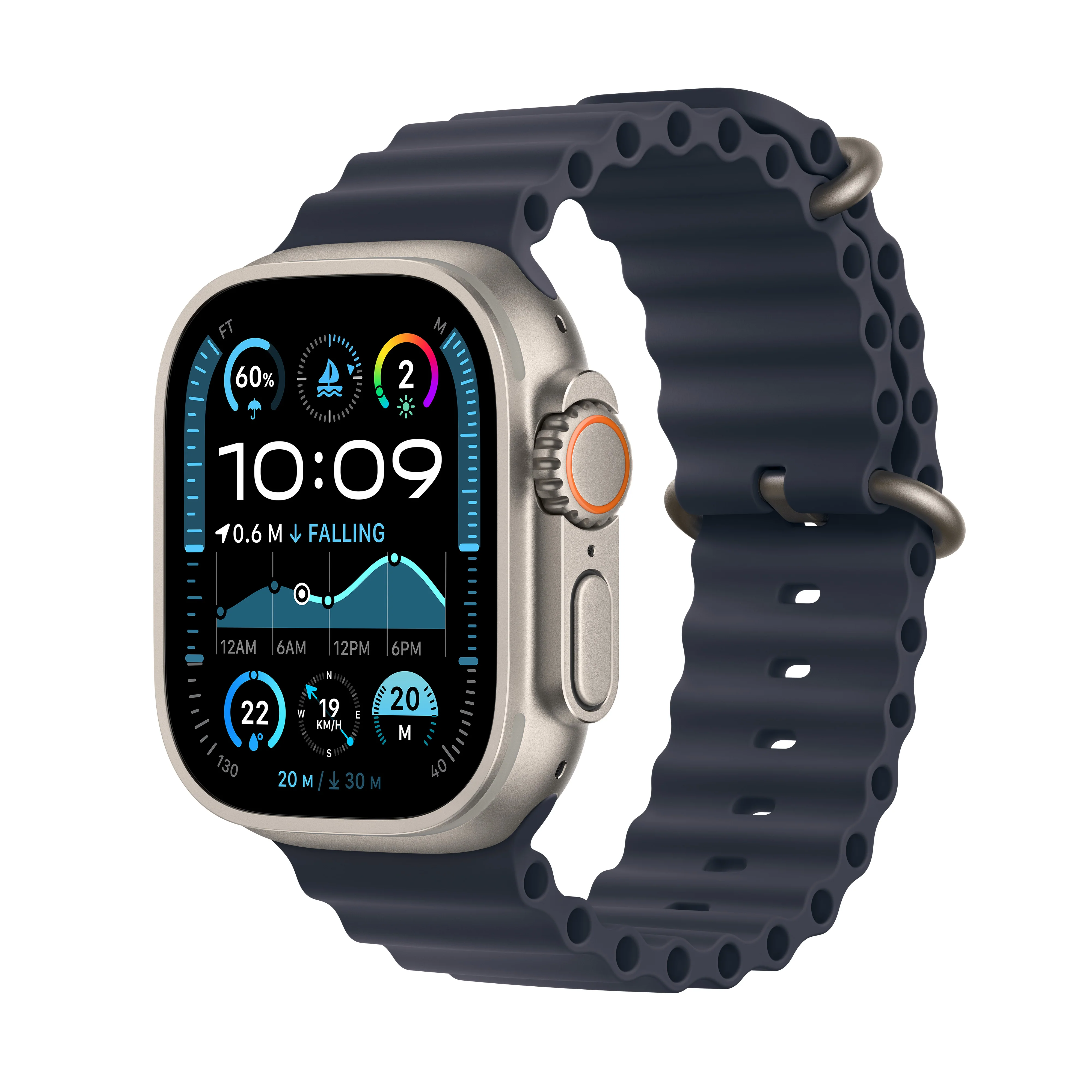 Apple Watch Ultra 2 GPS + Cellular 49mm Natural Titanium Case with Navy Ocean Band, MX4D3QA/A