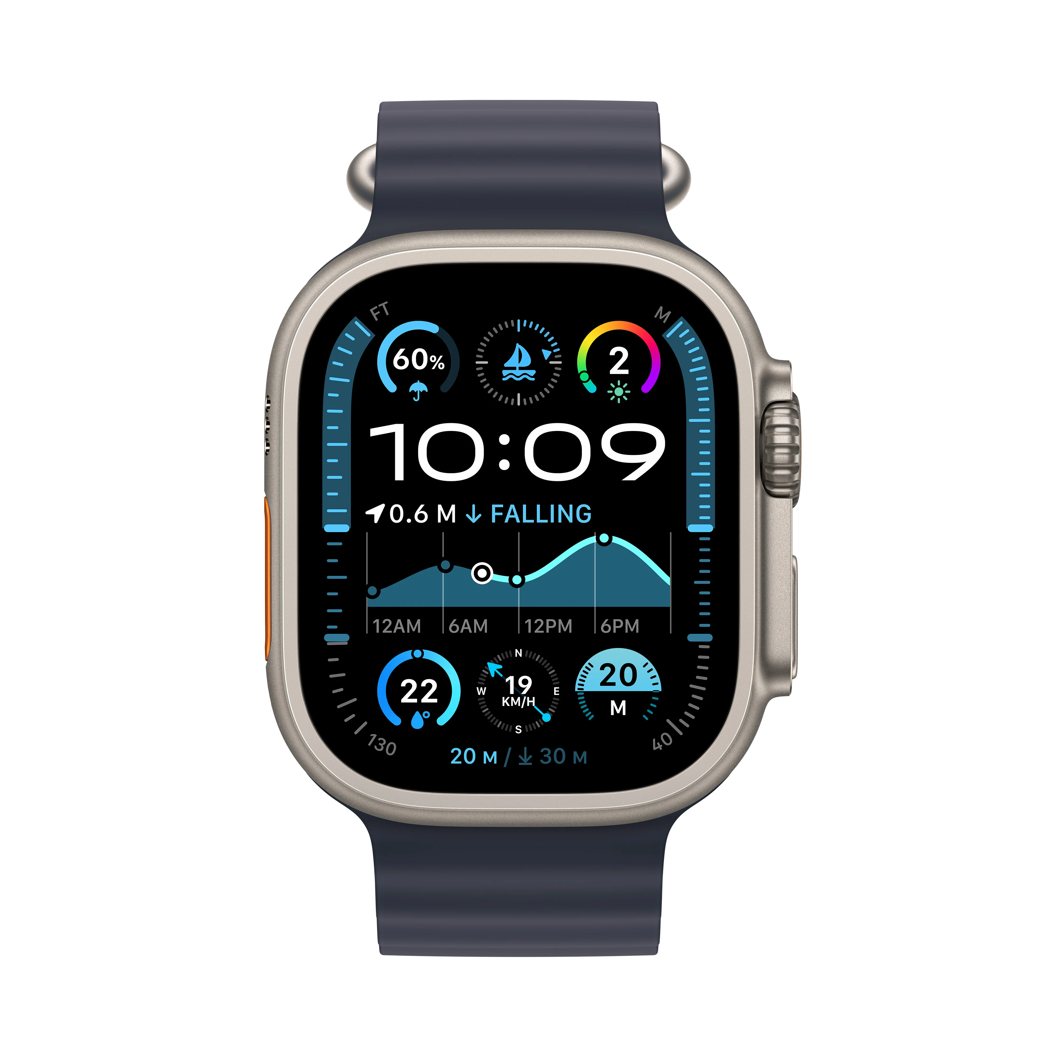 Apple Watch Ultra 2 GPS + Cellular 49mm Natural Titanium Case with Navy Ocean Band, MX4D3QA/A - Image 2