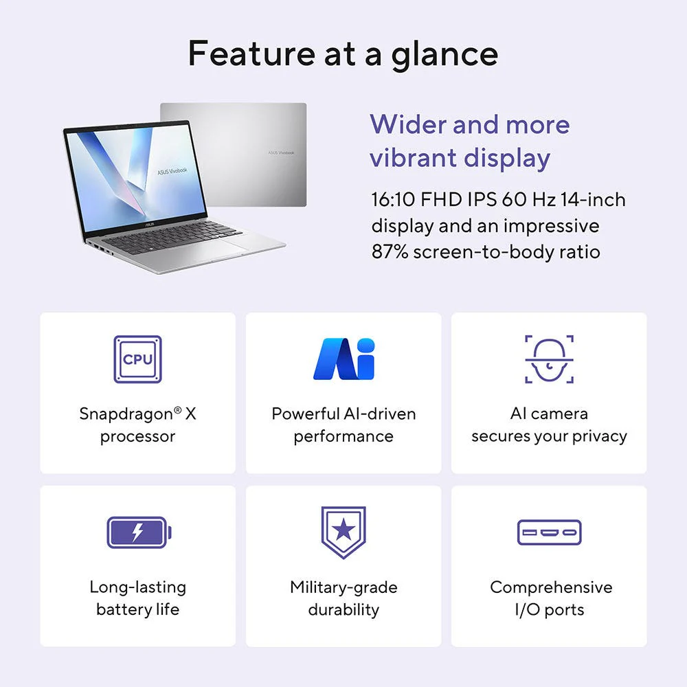 Asus Vivobook 14 Copilot+ PC Snapdragon X X1 26 100, 16GB RAM, 1TB SSD, 14-inch display, Windows 11 Home - Image 2