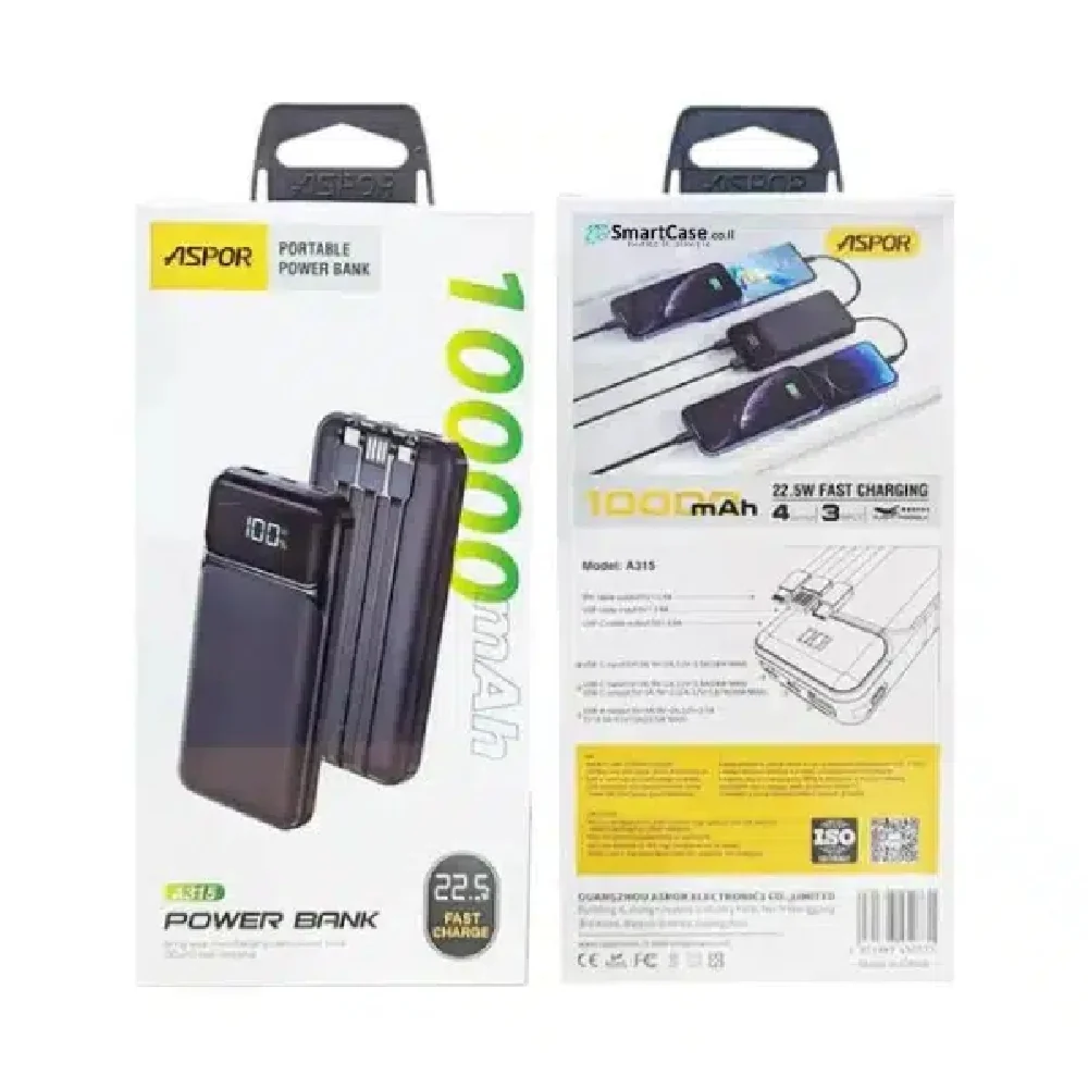 Aspor Power Bank with Built in Cables 10000mAh Black - Image 2