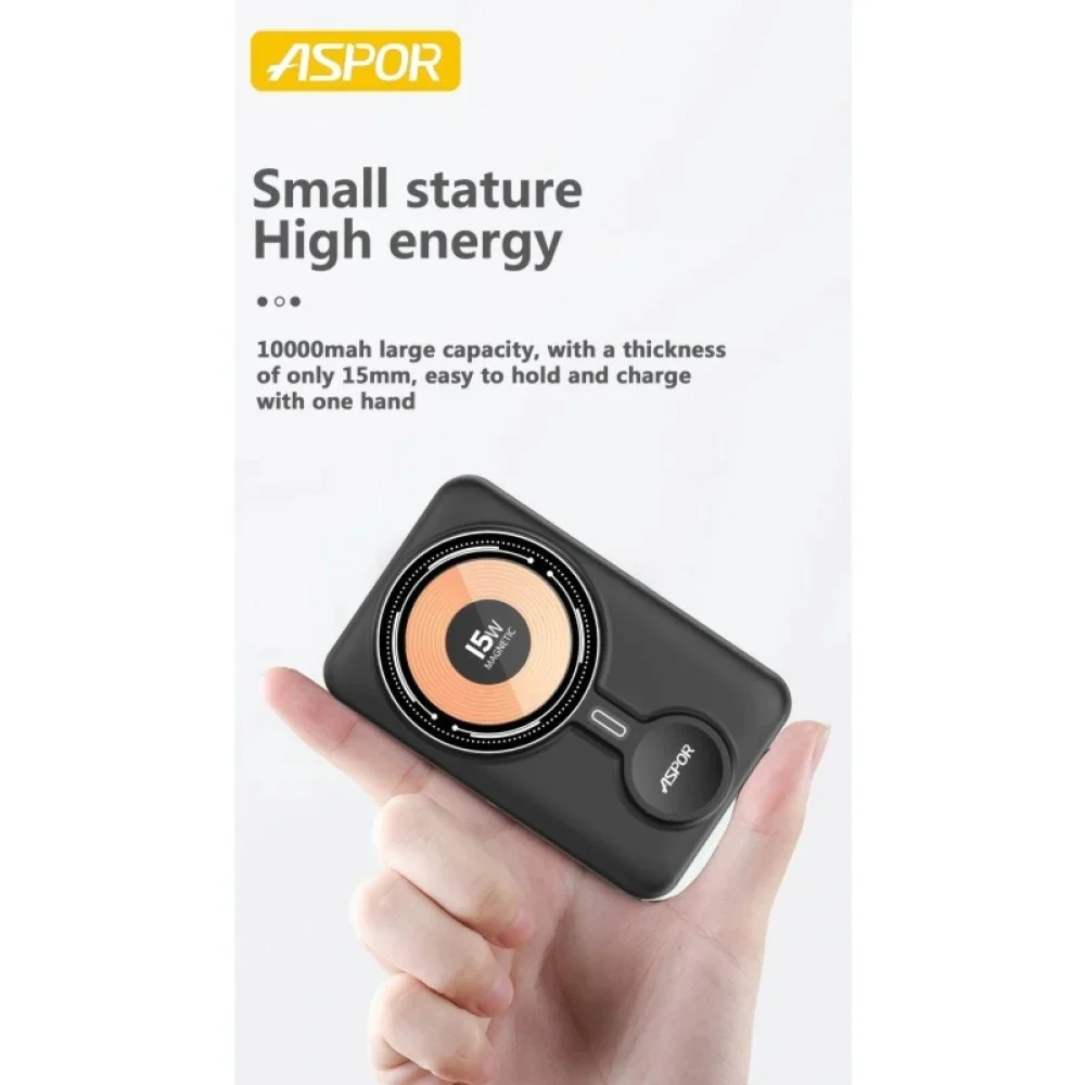 Aspor Wireless Magnetic Power Bank with Built in Cables 10000mAh Black - Image 2