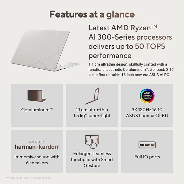 Asus Zenbook S16 OLED (2024) Laptop/AMD Ryzen AI R9-HX370/AMD Radeon 890M Graphics /16inch 3K Win 11 Home with Copilot Key /2TB SSD/32GB RAM - Scandinavian White - Image 7