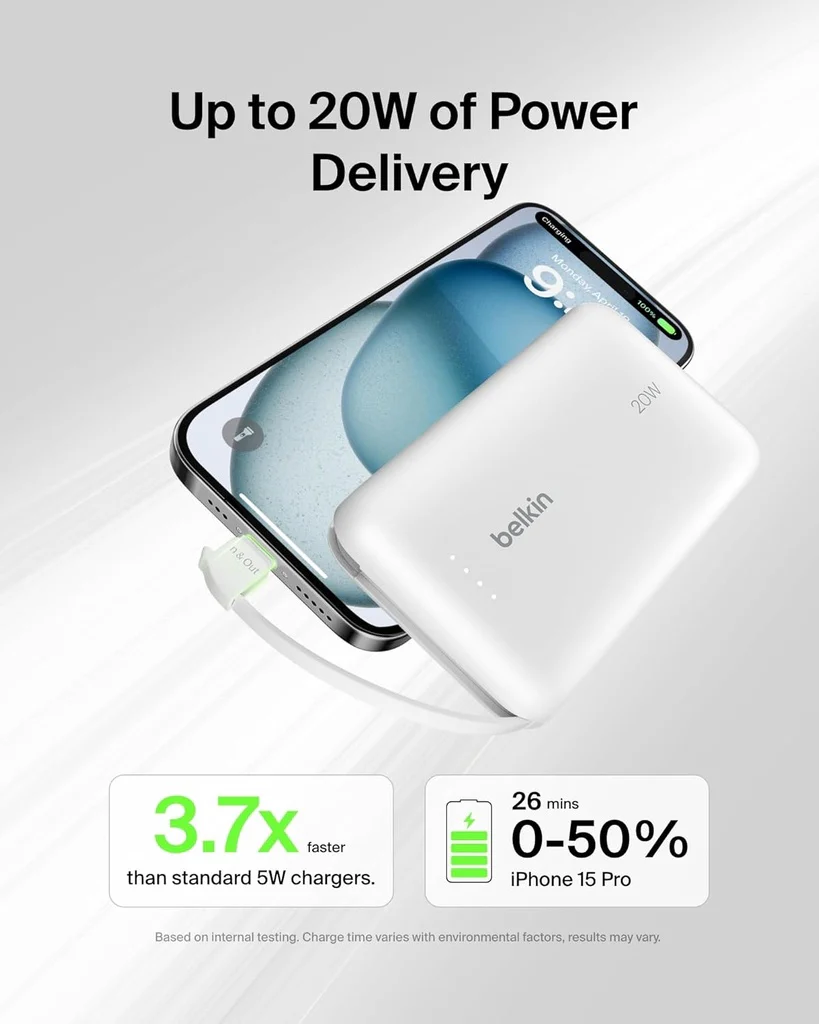 Belkin 10000mAh Power Bank PD 20W with Built-in USB-C Cable – White