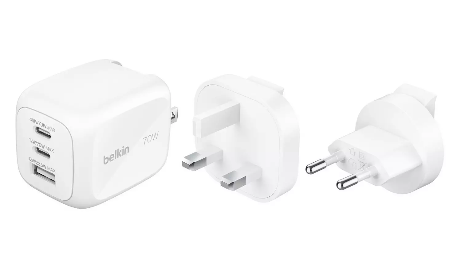Belkin 70W GaN 3-Port Fast Wall Charger with Interchangeable Plugs – White