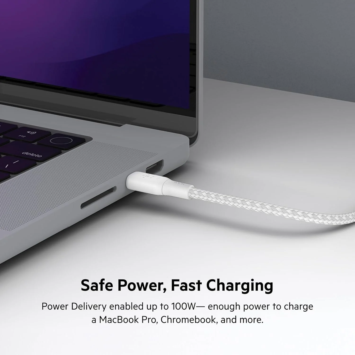 Belkin Braided USB-C to USB-C Cable 100W Fast Charging 2M – White - Image 2