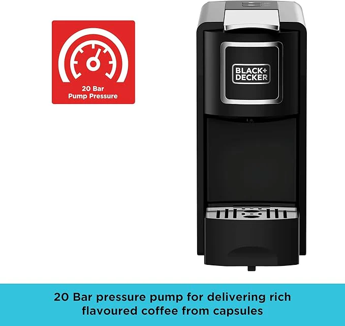 BLACK+DECKER Capsule Coffee Machine, Compatible with Espresso Coffee Capsules, Espresso and Lungo Option, Compact Design, One-Touch Control, 1140W, Black- CCM100-B5 - Image 2