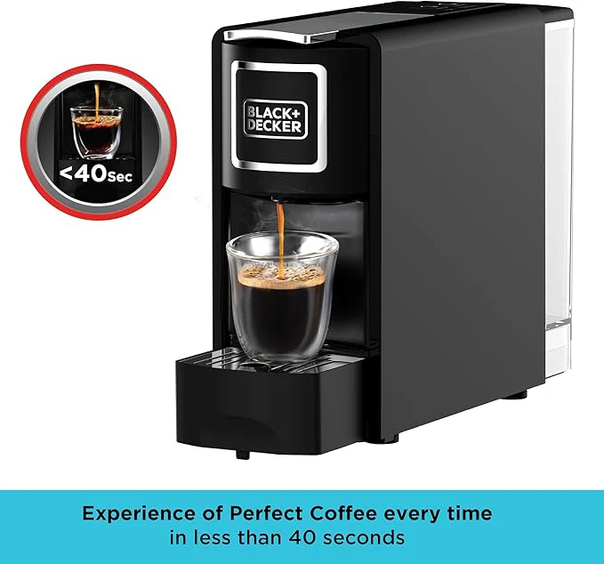 BLACK+DECKER Capsule Coffee Machine, Compatible with Espresso Coffee Capsules, Espresso and Lungo Option, Compact Design, One-Touch Control, 1140W, Black- CCM100-B5 - Image 3
