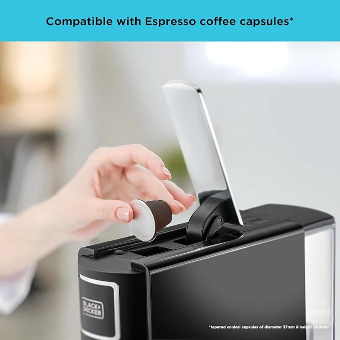 BLACK+DECKER Capsule Coffee Machine, Compatible with Espresso Coffee Capsules, Espresso and Lungo Option, Compact Design, One-Touch Control, 1140W, Black- CCM100-B5 - Image 4