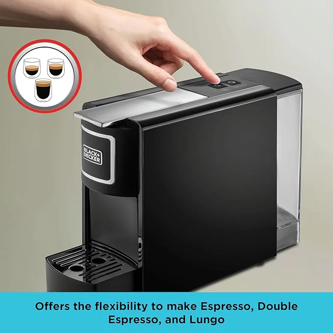 BLACK+DECKER Capsule Coffee Machine, Compatible with Espresso Coffee Capsules, Espresso and Lungo Option, Compact Design, One-Touch Control, 1140W, Black- CCM100-B5 - Image 6