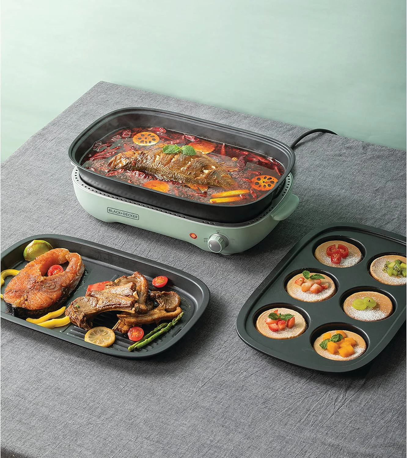 Black + Decker Grill , 3-in-1 Multifunction Grill, 1400W, 4L Family-Sized Capacity, Dual Pattern Grill Plate, 3 Interchangeable Non-Stick Pans for Hotpot, Grilling, Baking & Frying, Green, GMF1400-B5 - Image 4