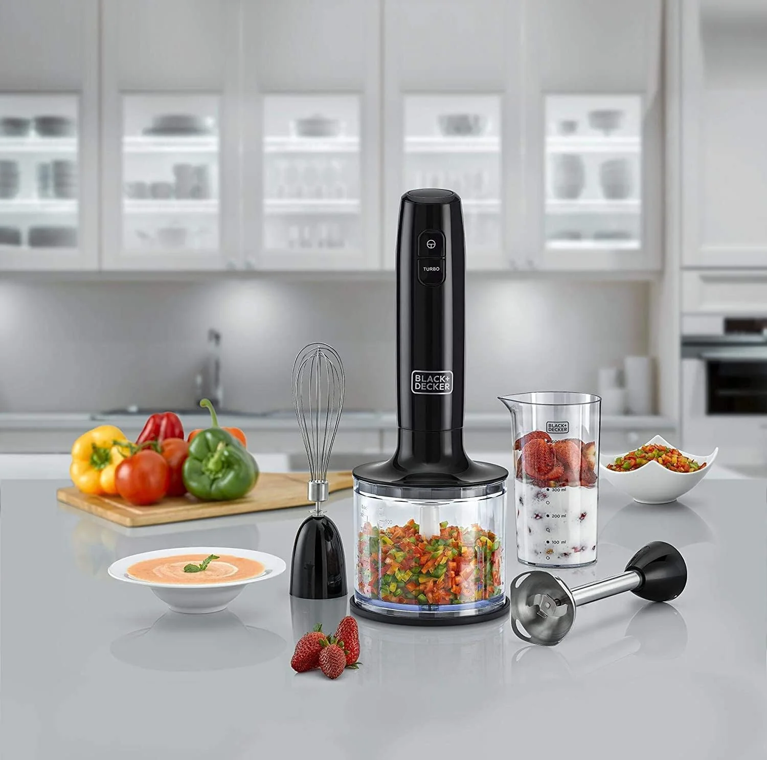Black + Decker Hand Blender, 600ml Chopping Bowl, 2 Speeds, 3-in-1 Functionality for Blending, Chopping and Whisking, Black, HB600-B5 - Image 2