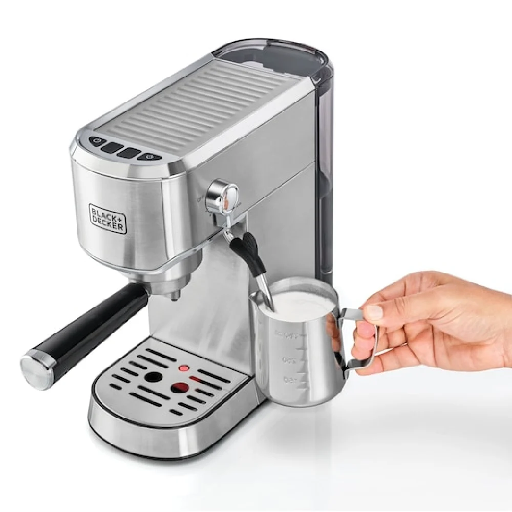 Black + Decker Manual Barista Pump Espresso Coffee Machine, Cappuccino, Latte Macchiato, Milk Frother, 1450W, Silver - Ecm150-B5 - Image 3