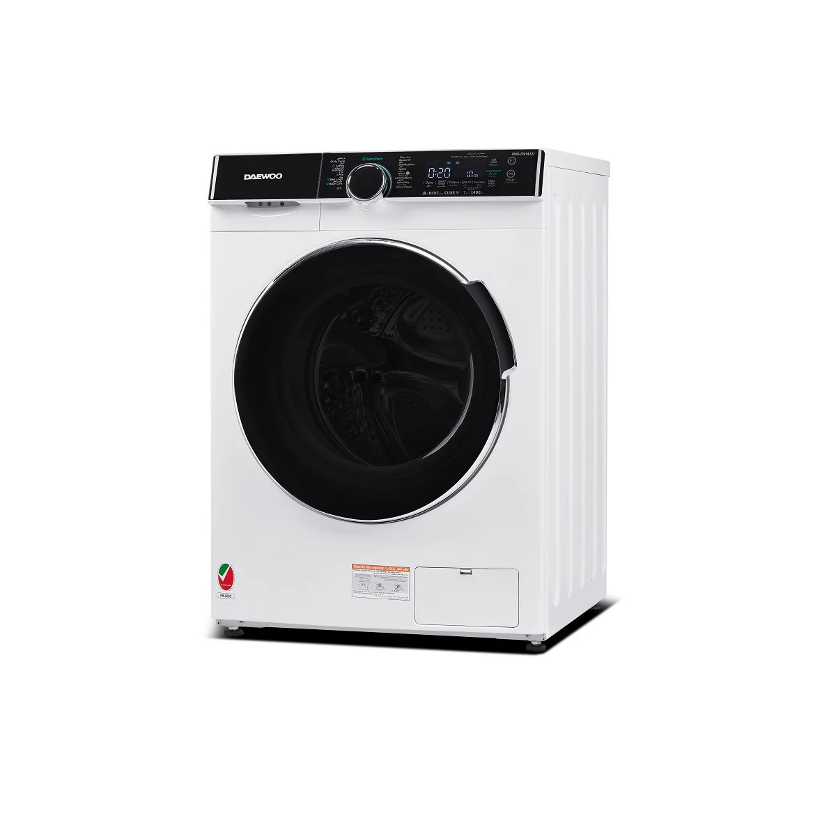 Daewoo Front Load Washing Machine 7 kg, Super cube drum, Drum Clean, Night Wash, BLDC Inverter Motor, Super Steam, 1400RPM, White with Black Door, DWD-7W1412I