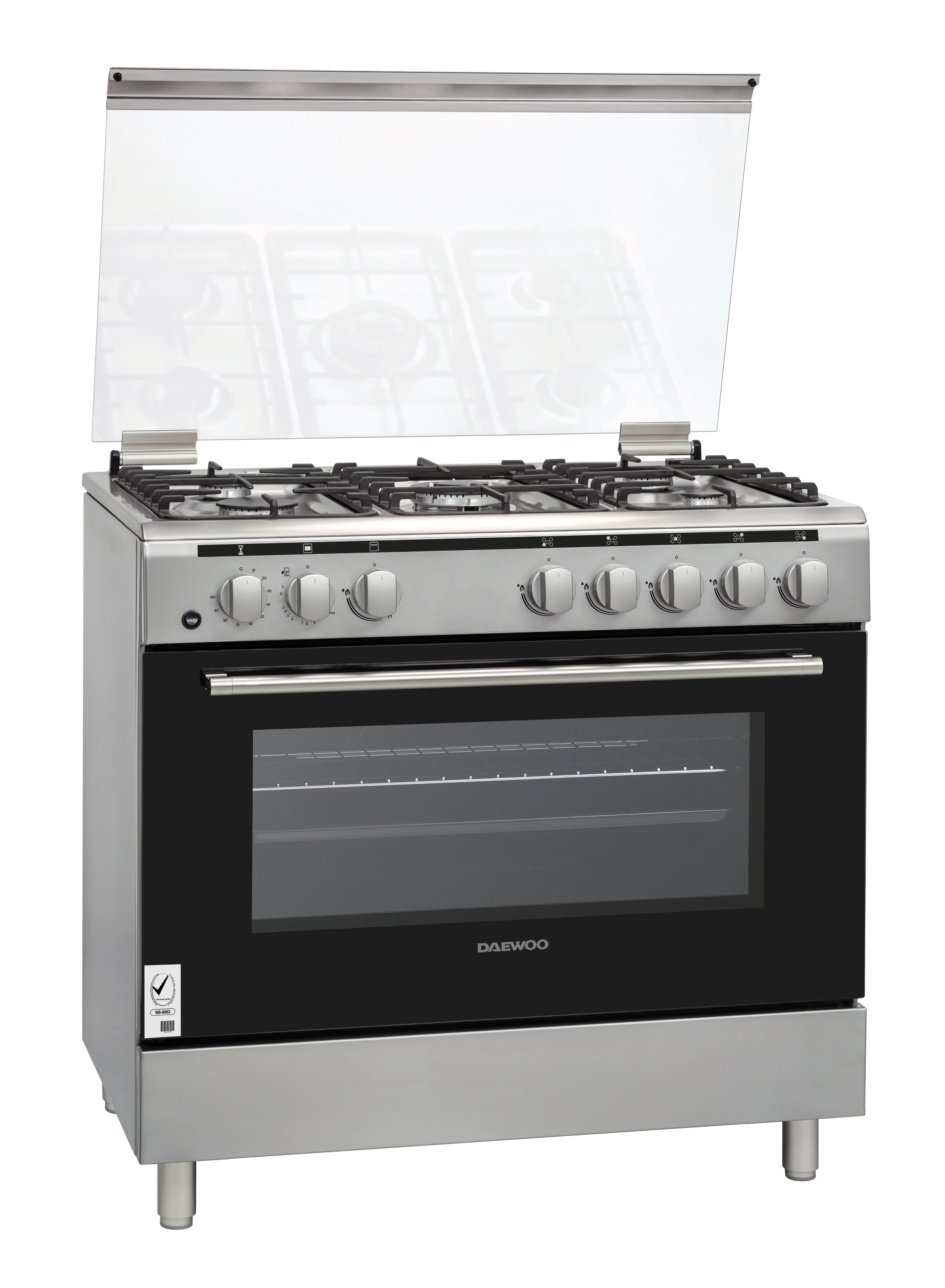 Daewoo Gas Cooker with Gas Oven 90cm, cast iron, Convection fan, Double ring burner, Self-cleaning, Sabaf burners, 90 Litre Capacity, Stainless steel, DGC-S965HF