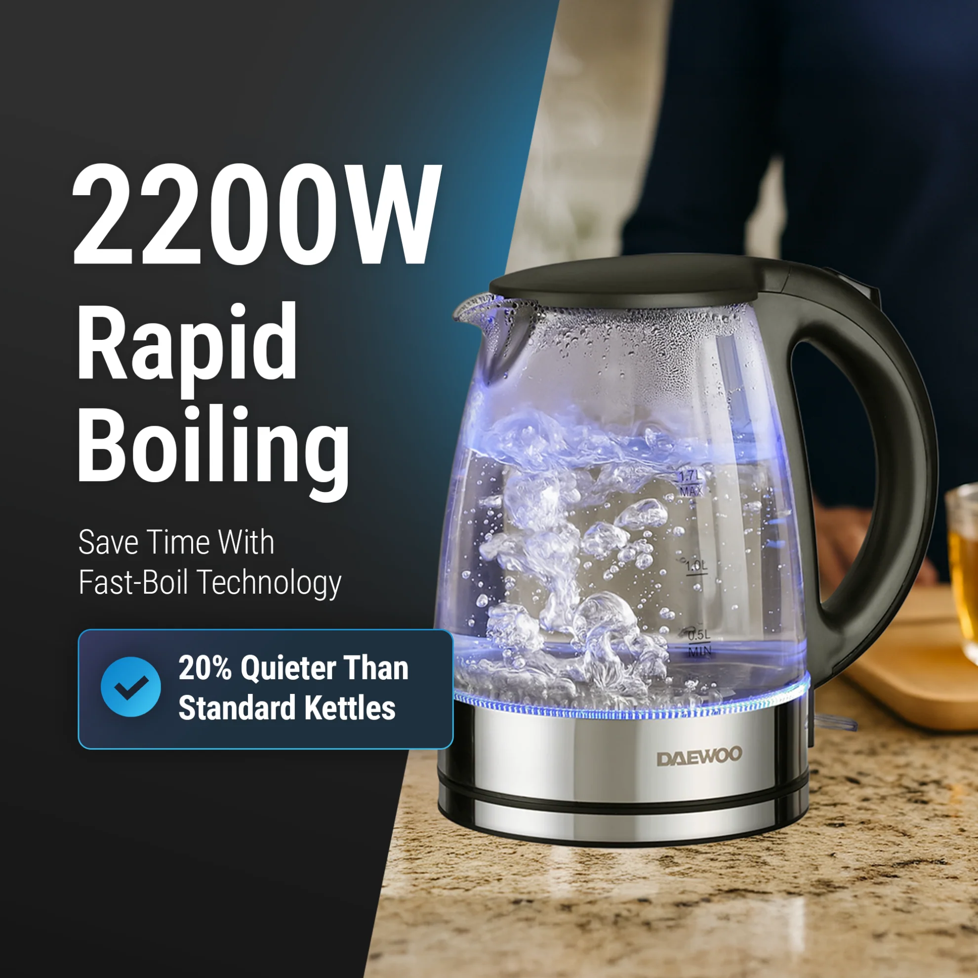 Daewoo Glass Kettle 2200W, 1.7 Liters, DEK1218 - Image 2