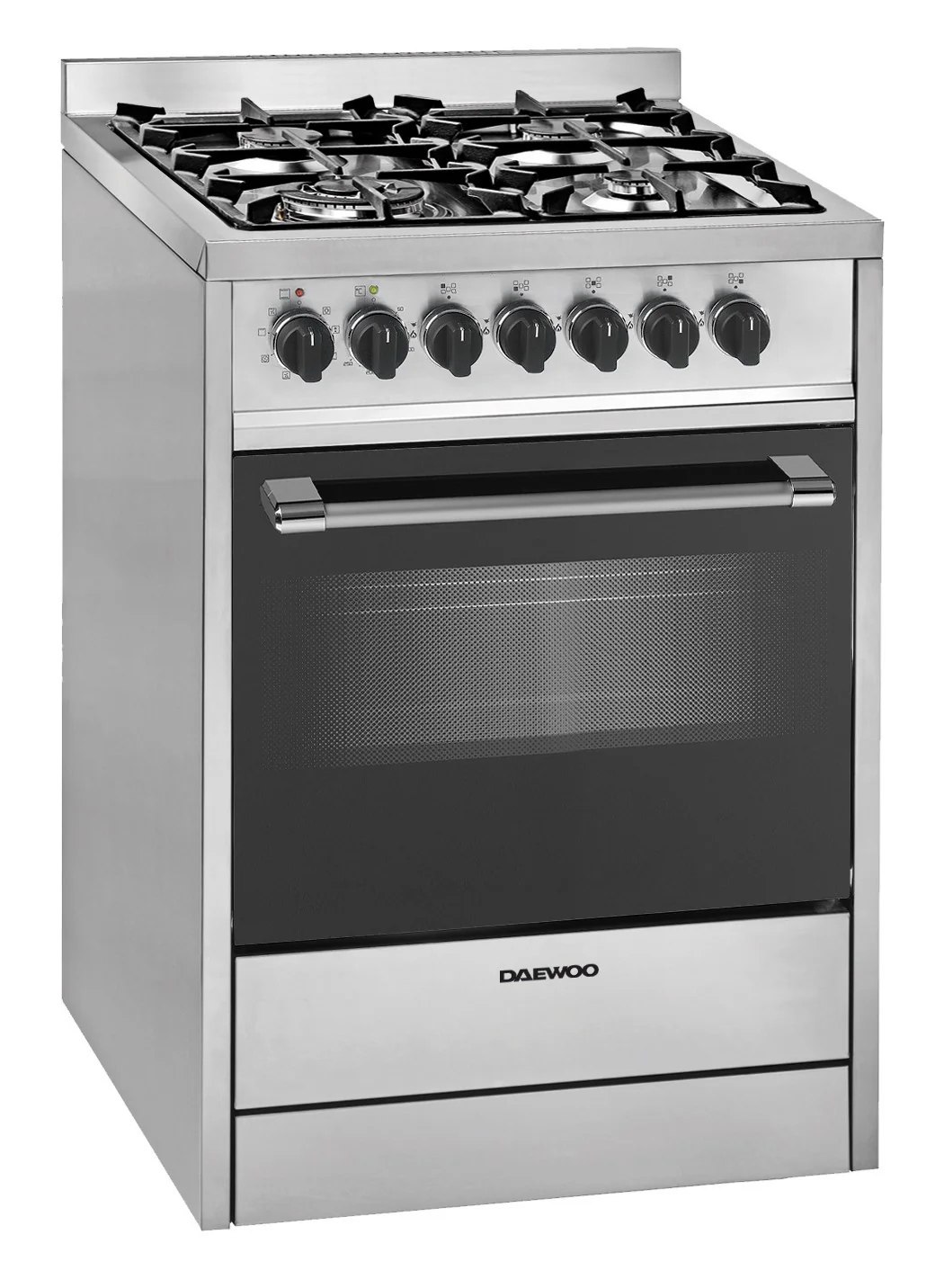 Daewoo Multifunction Gas Cooker with Electric oven 90cm, cast iron, Full safety, double ring burner, Sabaf burners, Dual convection fan, 65 Litre, Sabaf Burner, Full Safety, Easy-Clean Oven, Stainless steel, DGE-S664HE