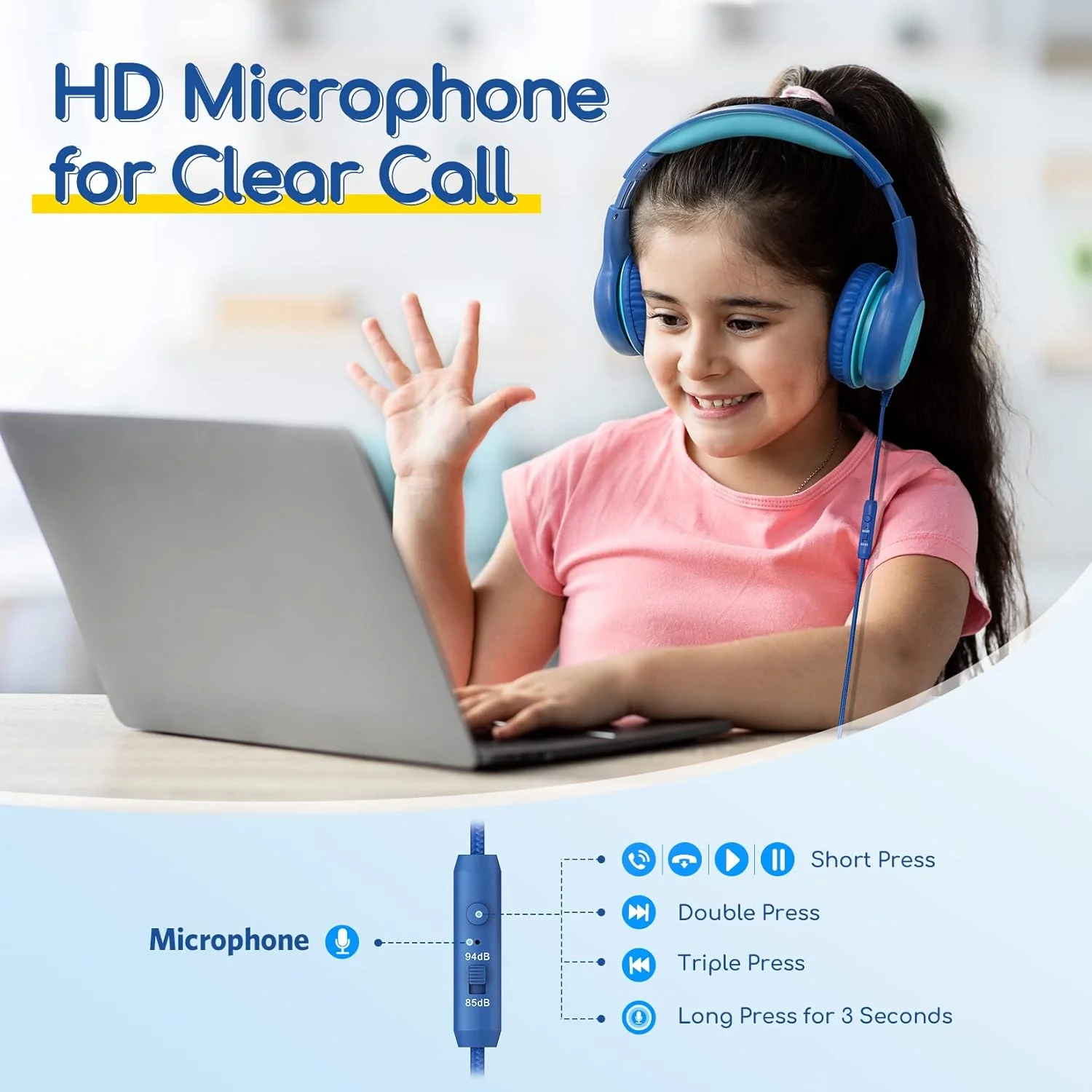 EarFun Kids Headphones with Mic, Wired Headphones Kids 85/94dB Volume Limit, Sharing Function, Stereo Sound Adjustable Headband Children Headphone for School/Travel/Phone/Tablet - Image 2
