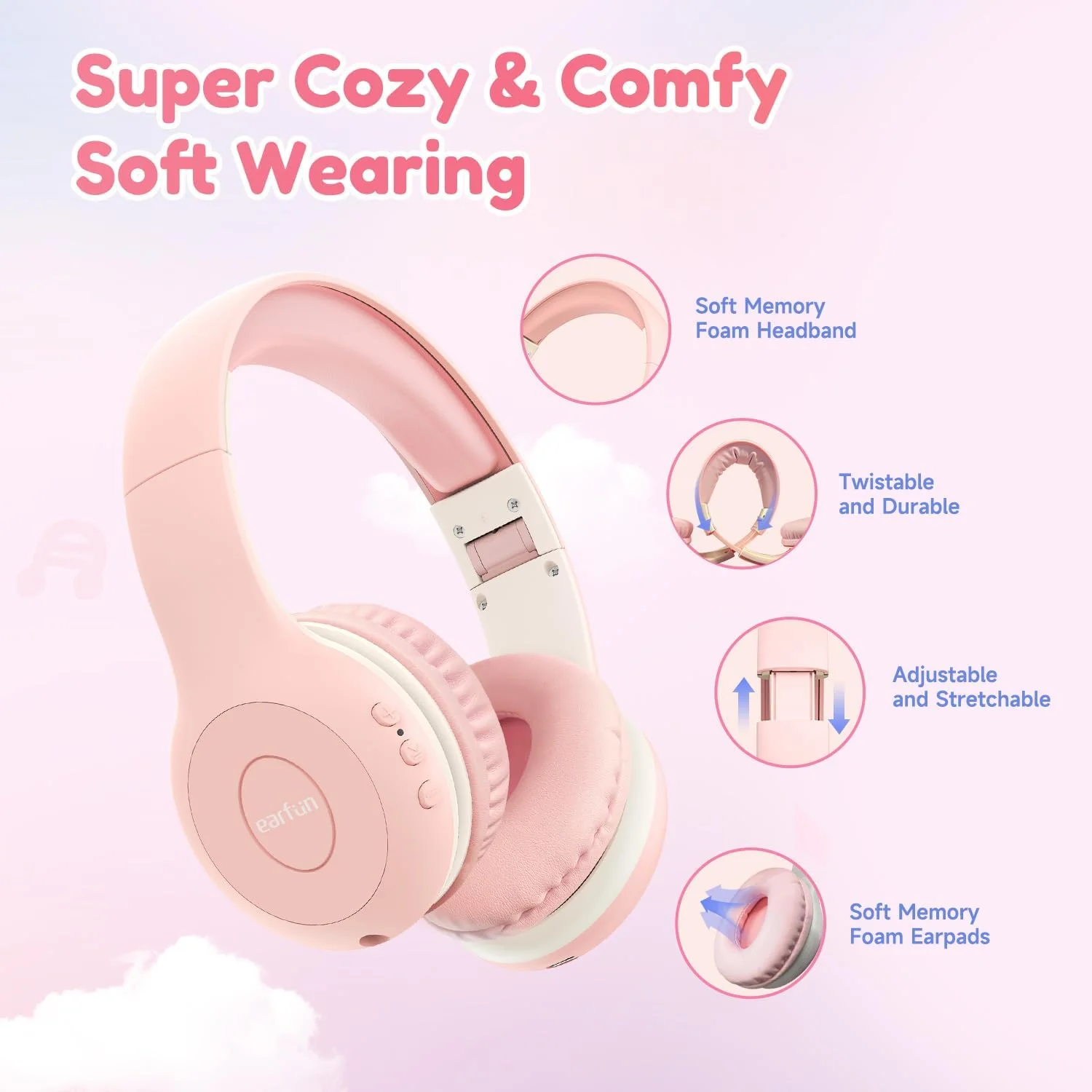 EarFun K2 Kids Bluetooth Headphones, Kids Headphones with Volume Limited, 40H Playtime, Bluetooth 5.0 Headphones with Mic, Stereo Sound, Foldable Over-Ear Headphones for Kids/School/Travel/iPad/Tablet - Image 2