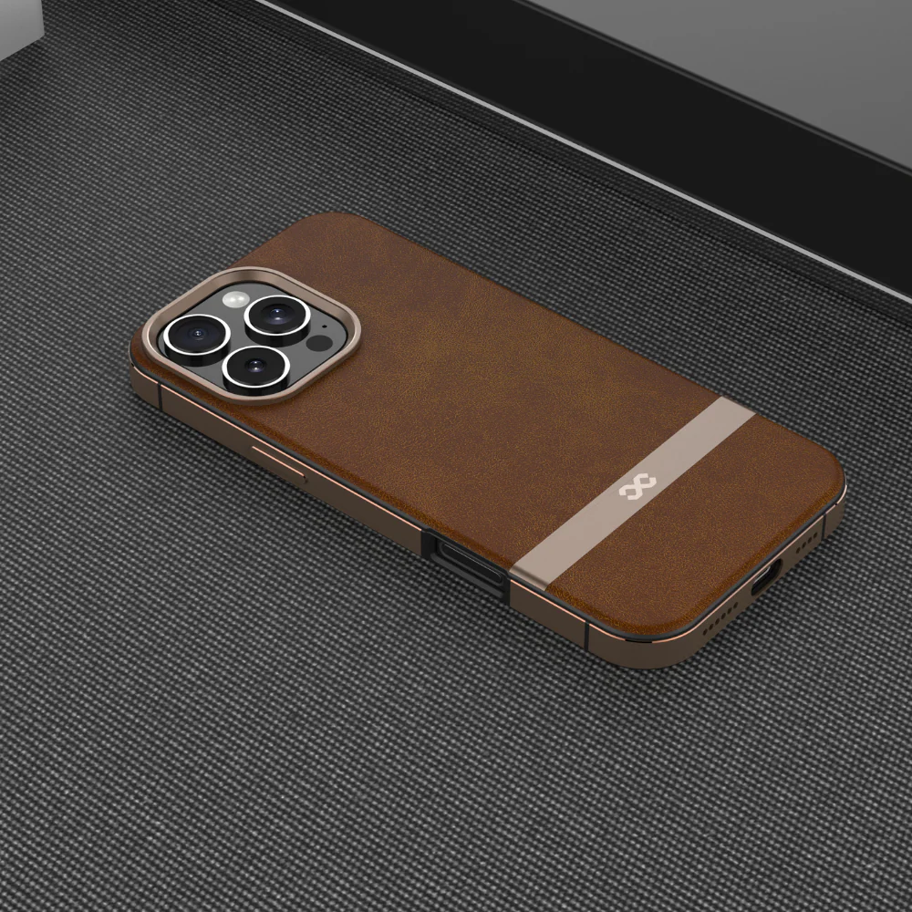 Infinyty Luxe Elite Leather Case with Metal Edges iPhone 16 Pro, Brown - Image 2