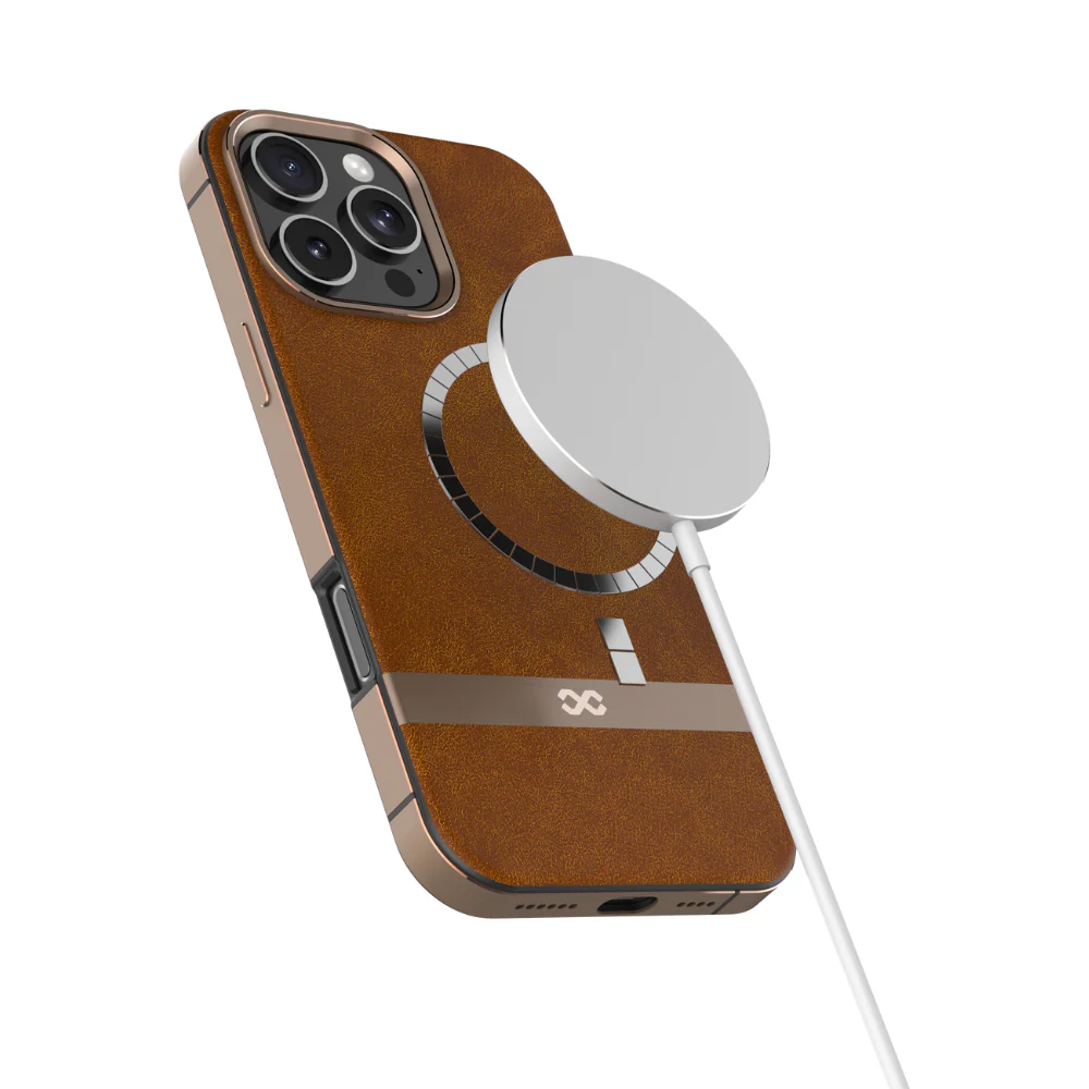 Infinyty Luxe Elite Leather Case with Metal Edges iPhone 16 Pro, Brown - Image 4