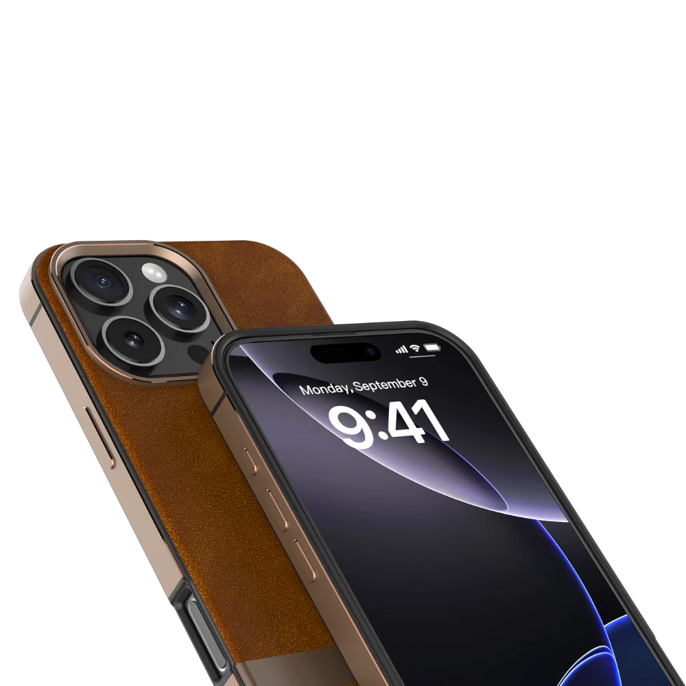 Infinyty Luxe Elite Leather Case with Metal Edges iPhone 16 Pro, Brown - Image 5