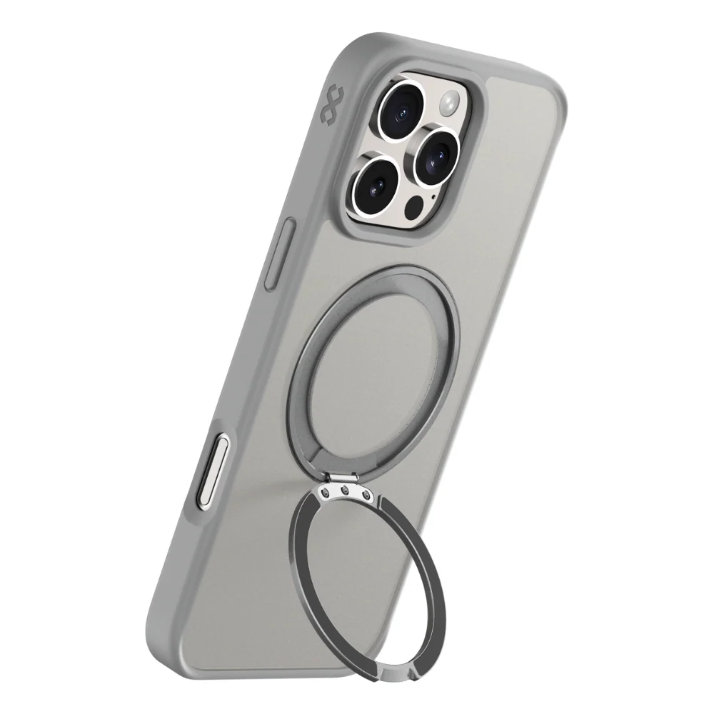 Infinyty Pristine Transparent Case with Metal Edges, Ring with Rotatable Stand for iPhone 16 Pro Max, Grey - Image 2