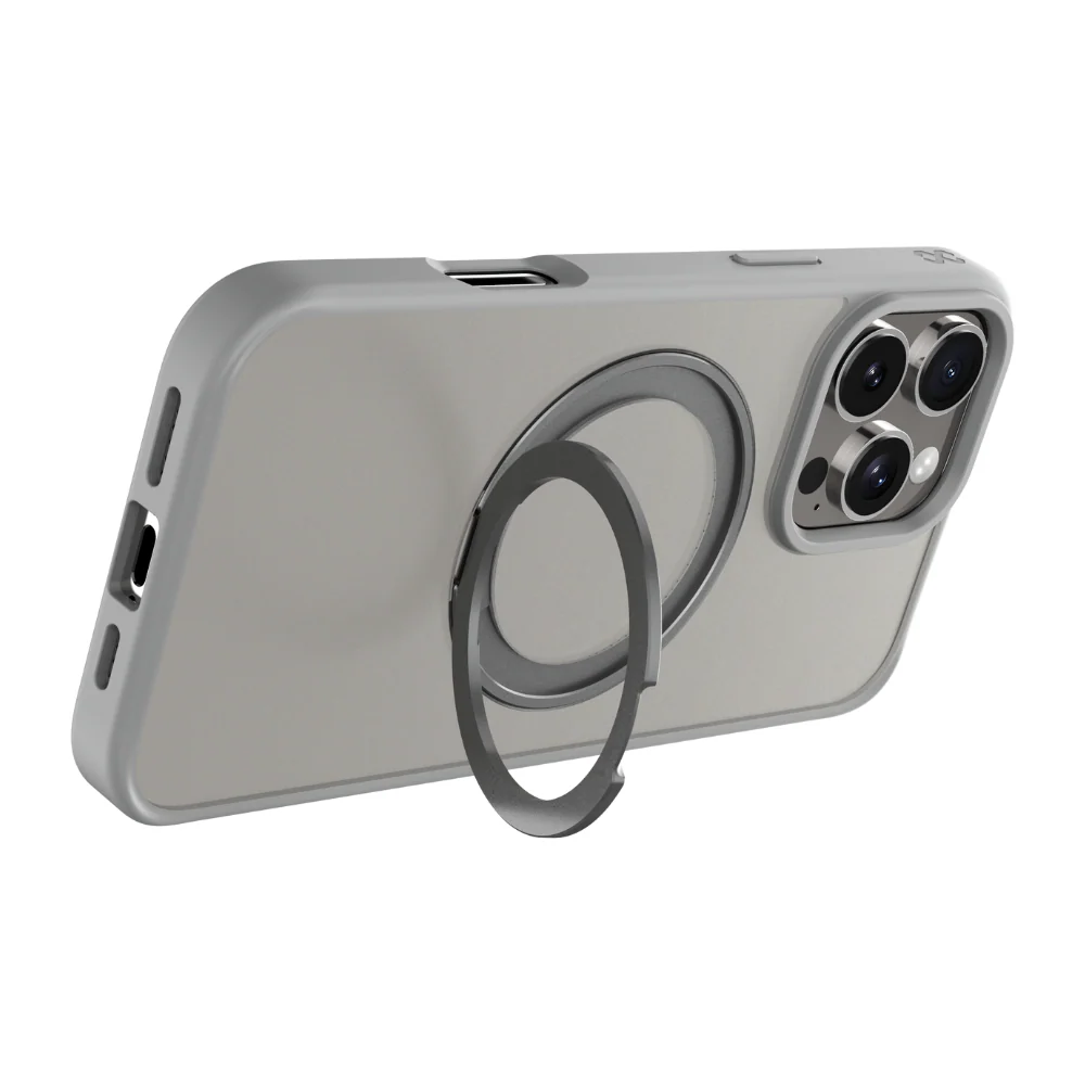 Infinyty Pristine Transparent Case with Metal Edges, Ring with Rotatable Stand for iPhone 16 Pro Max, Grey - Image 3