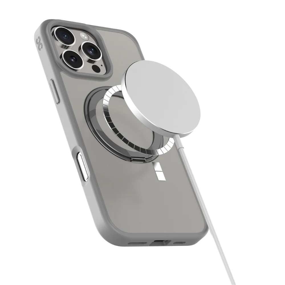 Infinyty Pristine Transparent Case with Metal Edges, Ring with Rotatable Stand for iPhone 16 Pro Max, Grey - Image 4