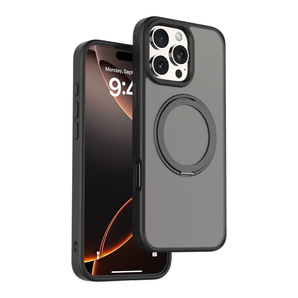 Infinyty Pristine Transparent Case with Metal Edges, Ring with Rotatable Stand for iPhone 16 Pro, Black