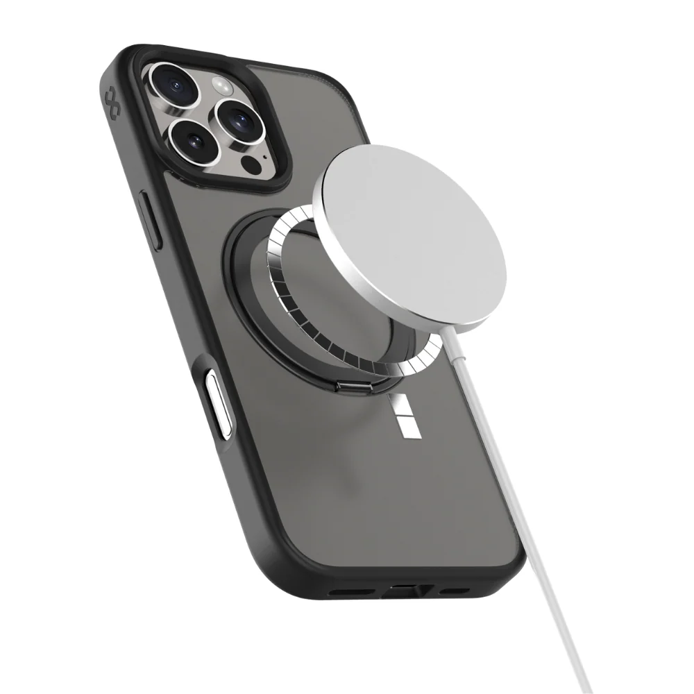Infinyty Pristine Transparent Case with Metal Edges, Ring with Rotatable Stand for iPhone 16 Pro, Black - Image 3