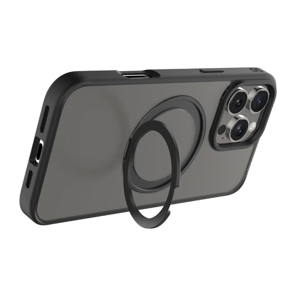 Infinyty Pristine Transparent Case with Metal Edges, Ring with Rotatable Stand for iPhone 16 Pro, Black - Image 5