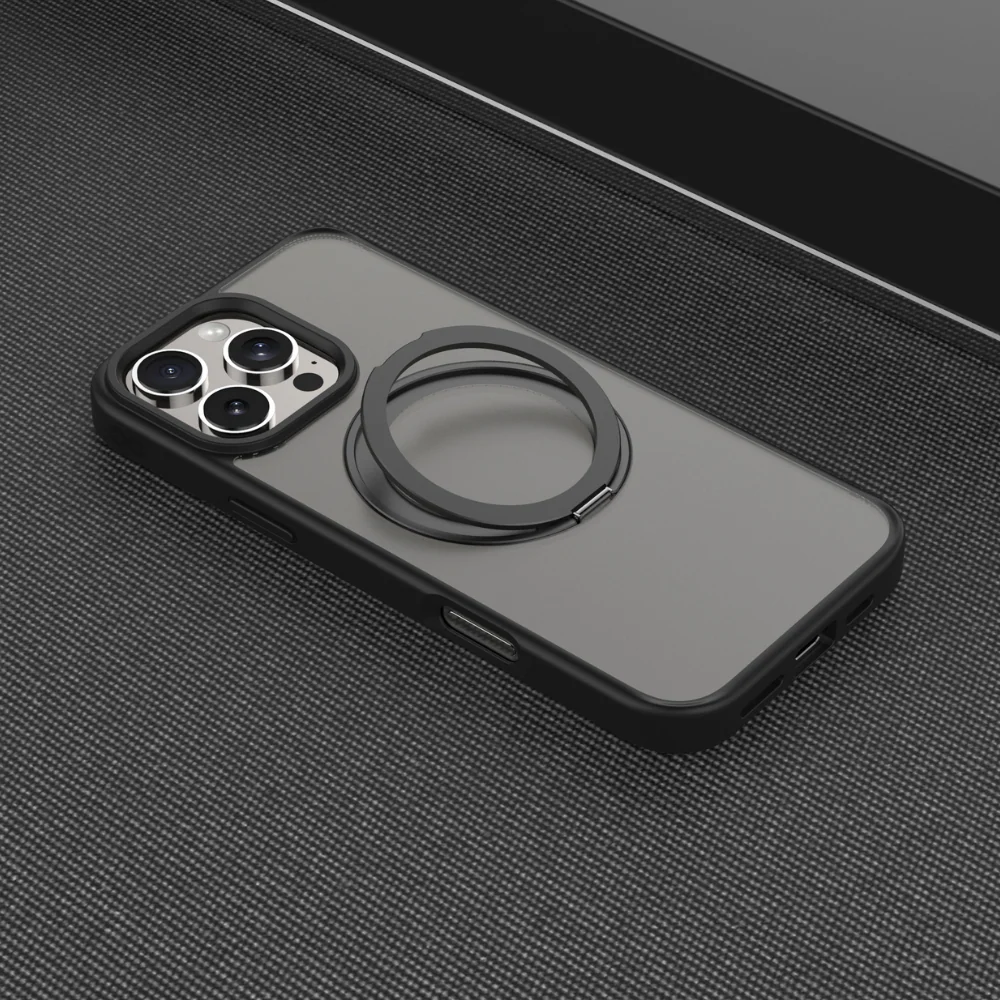 Infinyty Pristine Transparent Case with Metal Edges, Ring with Rotatable Stand for iPhone 16 Pro, Black - Image 6