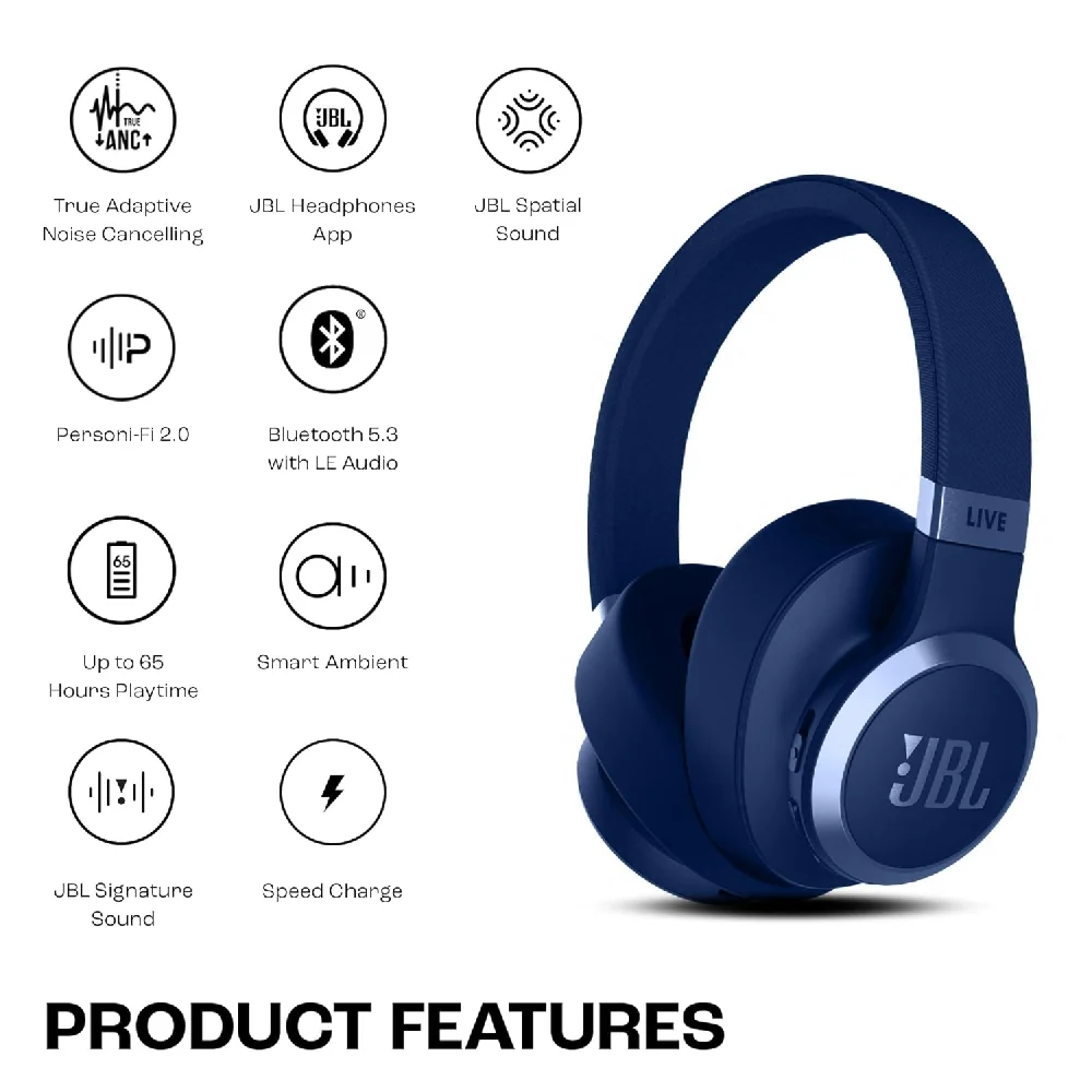 JBL Live 770 Wireless Noise Cancelling  On-Ear Headphone Blue - Image 2