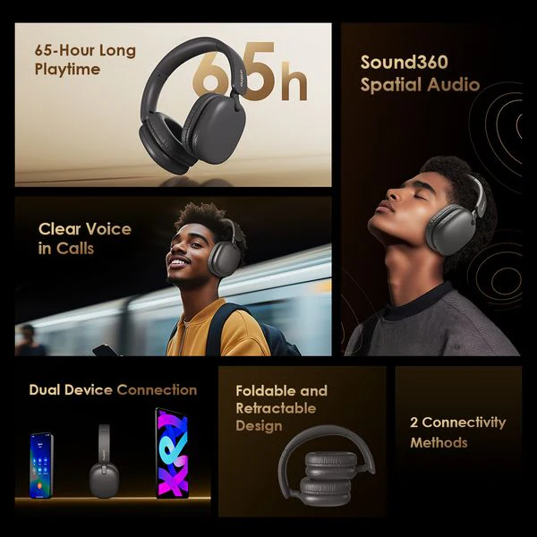 Oraimo  BoomPop Lite  Over-Ear  On Ear Headset, BT V5.3, ENC, 60-Hour Long Playtime, Black, OHP-317SBLK - Image 2