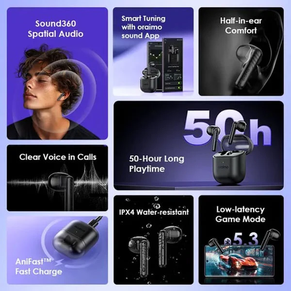 Oraimo  Freepods Neo TWS True Wireless Earbuds, IPX4 Water Proof, BT V5.3, 300mAh, Black, OTW-330S - Image 5