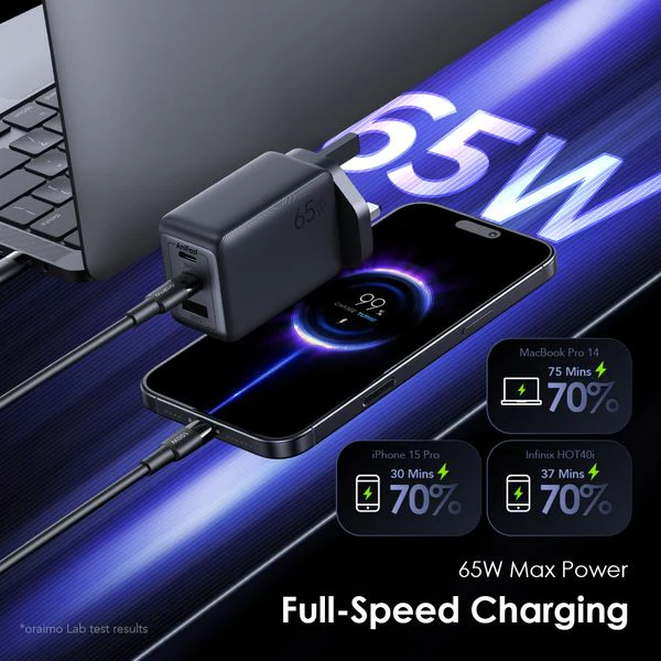 Oraimo Hypergan Bundle Power Adapter, GAN, 65W, 100W Type-C to Type-C Cable included, Black, OCW-7652U+116CC - Image 3
