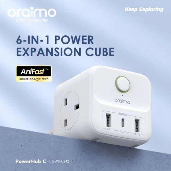 Oraimo  PowerHub C Multi-ports Charging Power Extension, 100V-240V~50Hz 2500W, Output C1+Output A2: 5V/3.4A(Max), White, OWS-U342 - Image 2