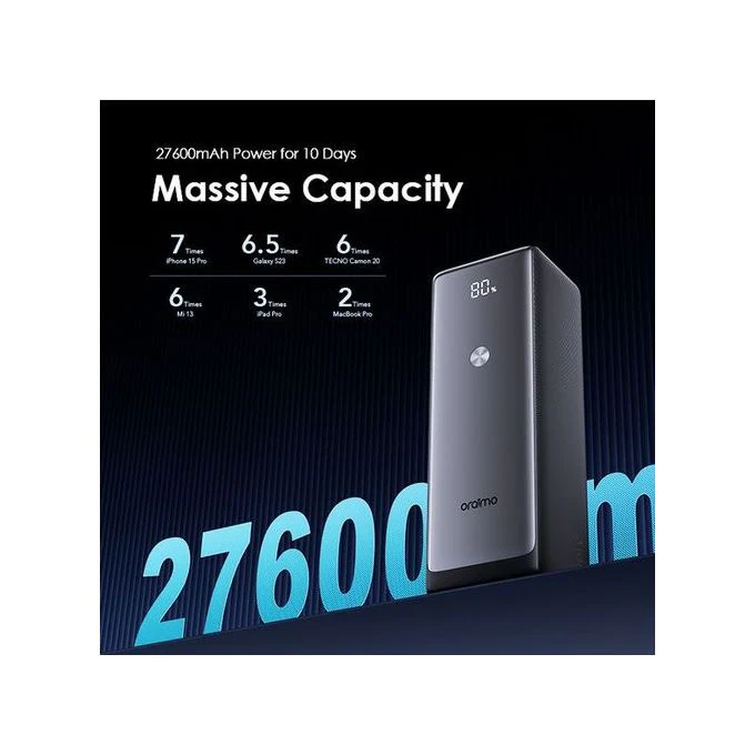 Oraimo  Powerjet 130 Smart Digital Display Power Bank, Laptop & Phone Power bank, 130W Type-C Fast Charging, 27600mAh, Grey, OPB-727SQ - Image 2