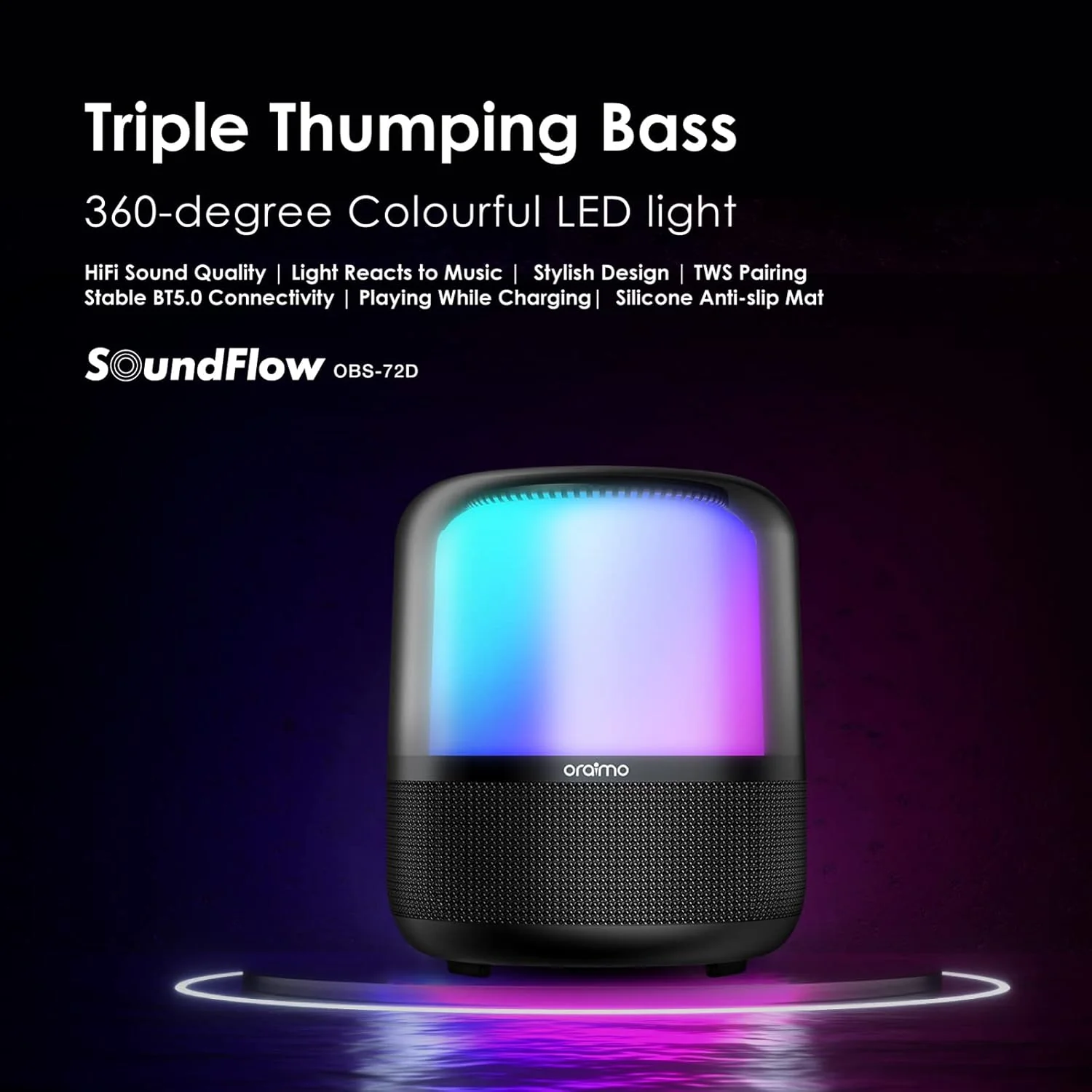 Oraimo SoundFlow BT V5.1 Bluetooth Speaker, 50Hz-20KHz, 50W, 6,000mAh, Black, OBS-72DBLK - Image 2