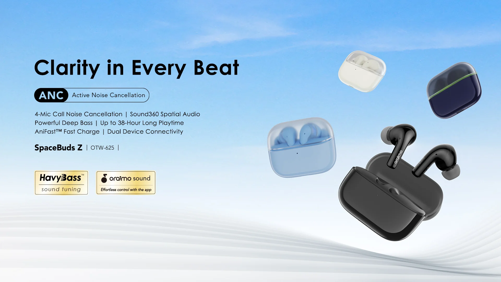 Oraimo SpaceBuds Z ANC True Wireless Earbuds, IPX5 Water Proof, BT V5.4, 300mAh, Black, OTW-625OBLK