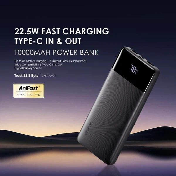 Oraimo  Toast 22.5  Type-C (IN/OUT) Power Bank, PD&QC 3.0 Compatible, 22.5W, 10,000mAh, Black, OPB-7100Q - Image 3