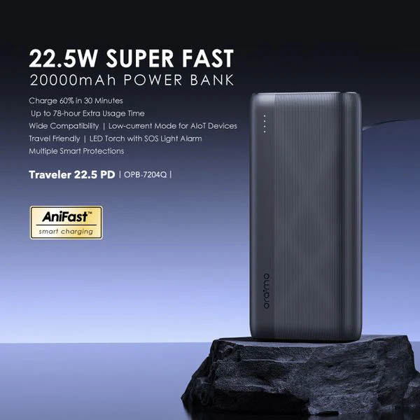 Oraimo  Traveler 22.5 LED Torch Power Bank, SOS Lighting Alarm, 22.5W, 20,000 mAh , Black, OPB-7204Q - Image 2